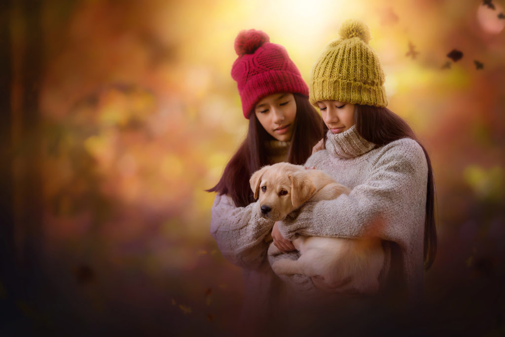 Canon 5d mark III portrait of two gorgeous asian girls holding a puppy in an enchanted autumn forest by Willie kers