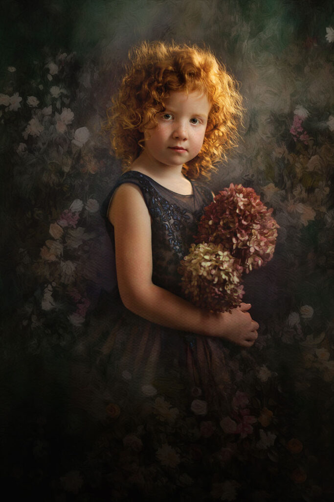 Canon EOS R Fine art portrait of a little young curly red head girl with flowers in her hand standing in a blue wedding dress like Rembrandt by Willie Kers