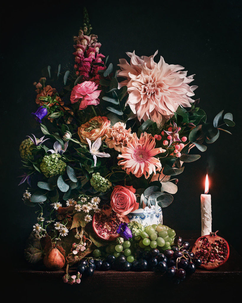 Canon flower stillife with grapes roses pear and passion fruit by dutch photographer Willie Kers