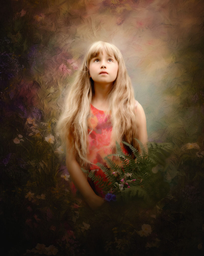 fine art portret van een blond meisje tussen de groene varens door natuurlijk licht fotograaf Willie Kers uit Apeldoorn