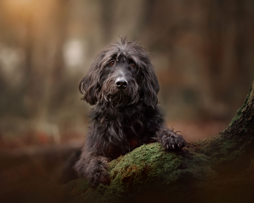 Foto van een zwarte langharige hond op groen mos en een boomstam in het bos door fotograaf Willie Kers uit Apeldoorn copy
