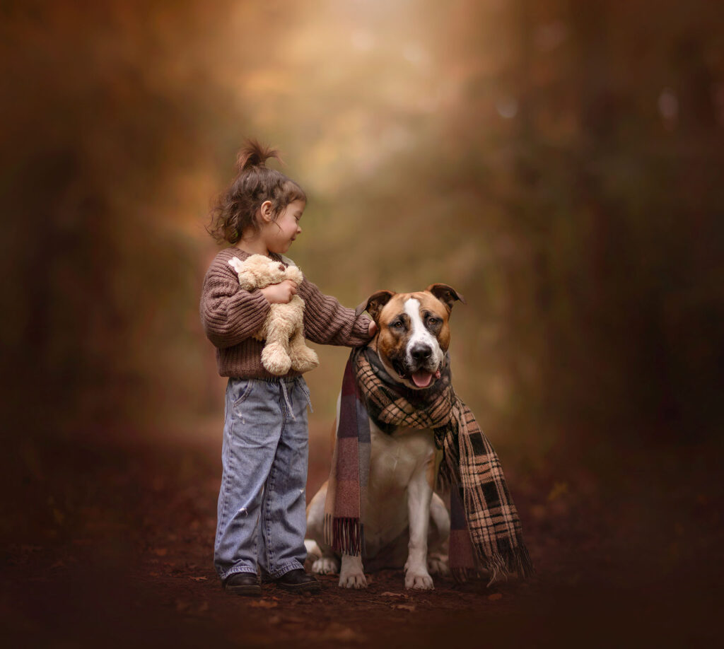dromerig fine art portret van een klein meisje in het herfstbos met een knuffelbeer en een grote bruin witte hond met een dikke sjaal om door natuurlijk licht fotograaf willie kers uit apeldoorn copy