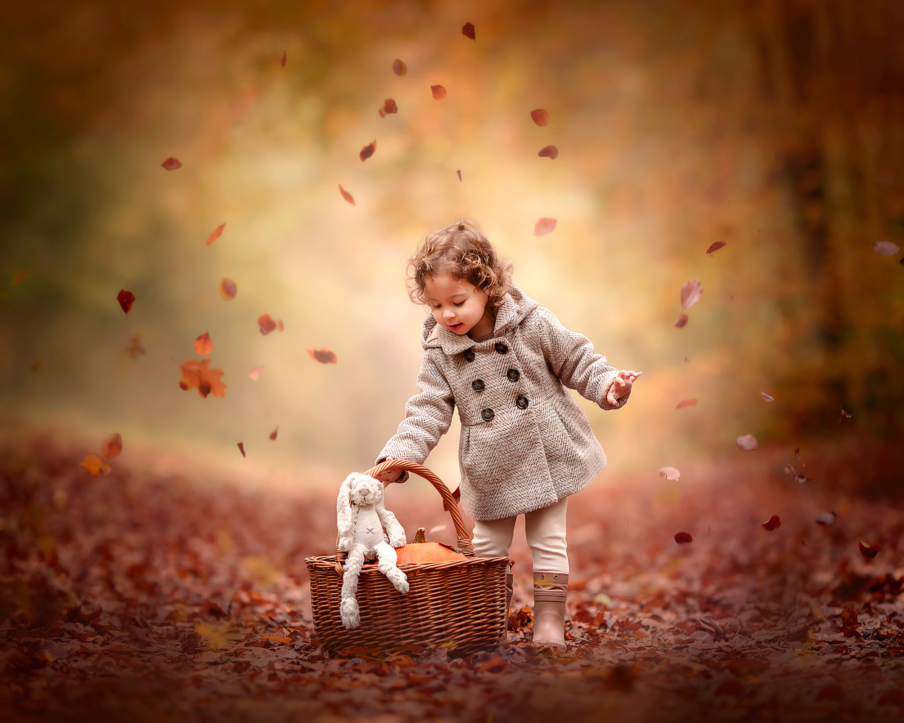 herfstfoto van een peuter in het bos tussen de bladeren door kinderfotograaf Willie Kers uit Apeldoorn copy