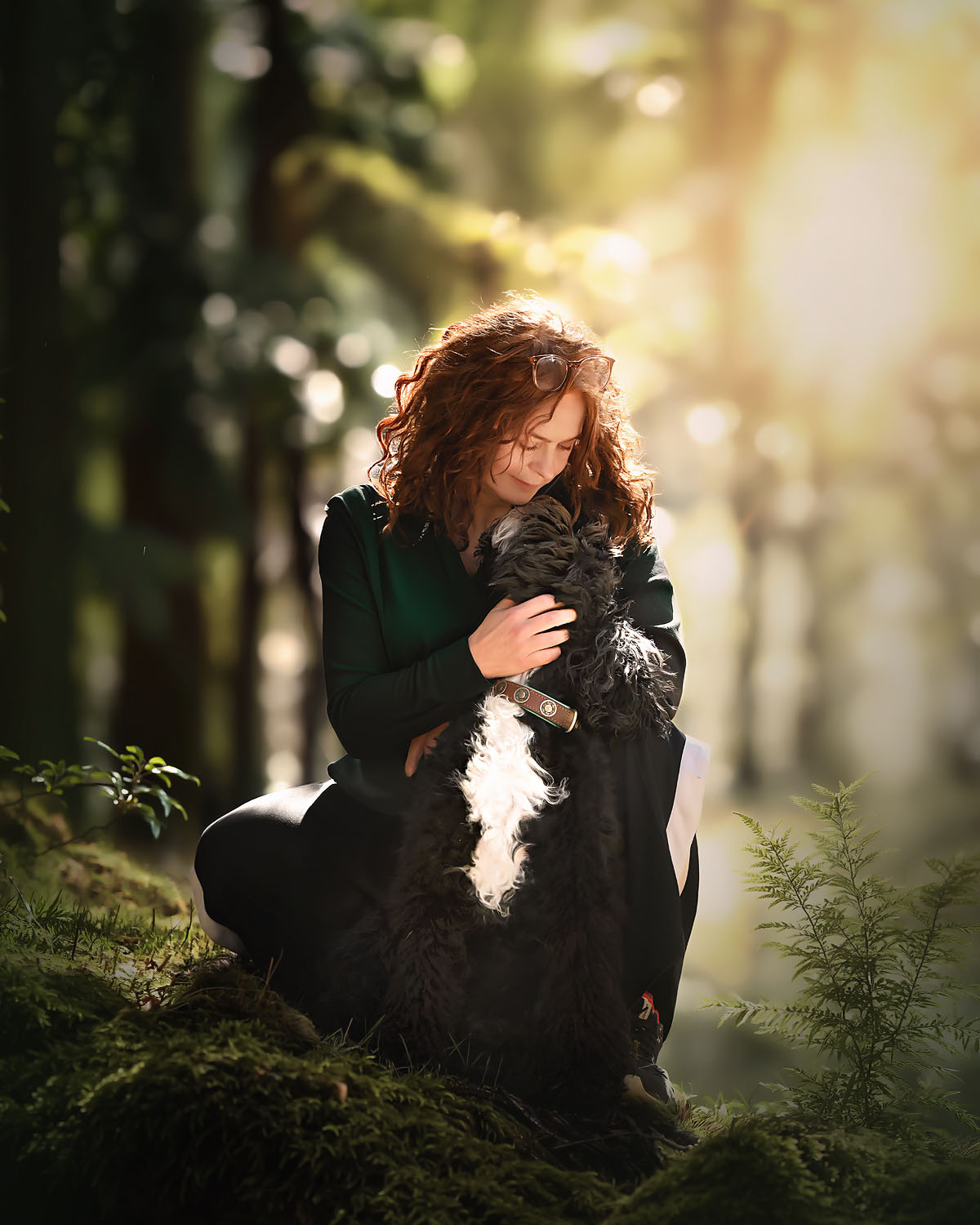 portret-van-willie-kers-en-bobby-haar-barbet-in-het-bos-met-tegenlicht-terwijl-ze-een-knuffel-krijgt